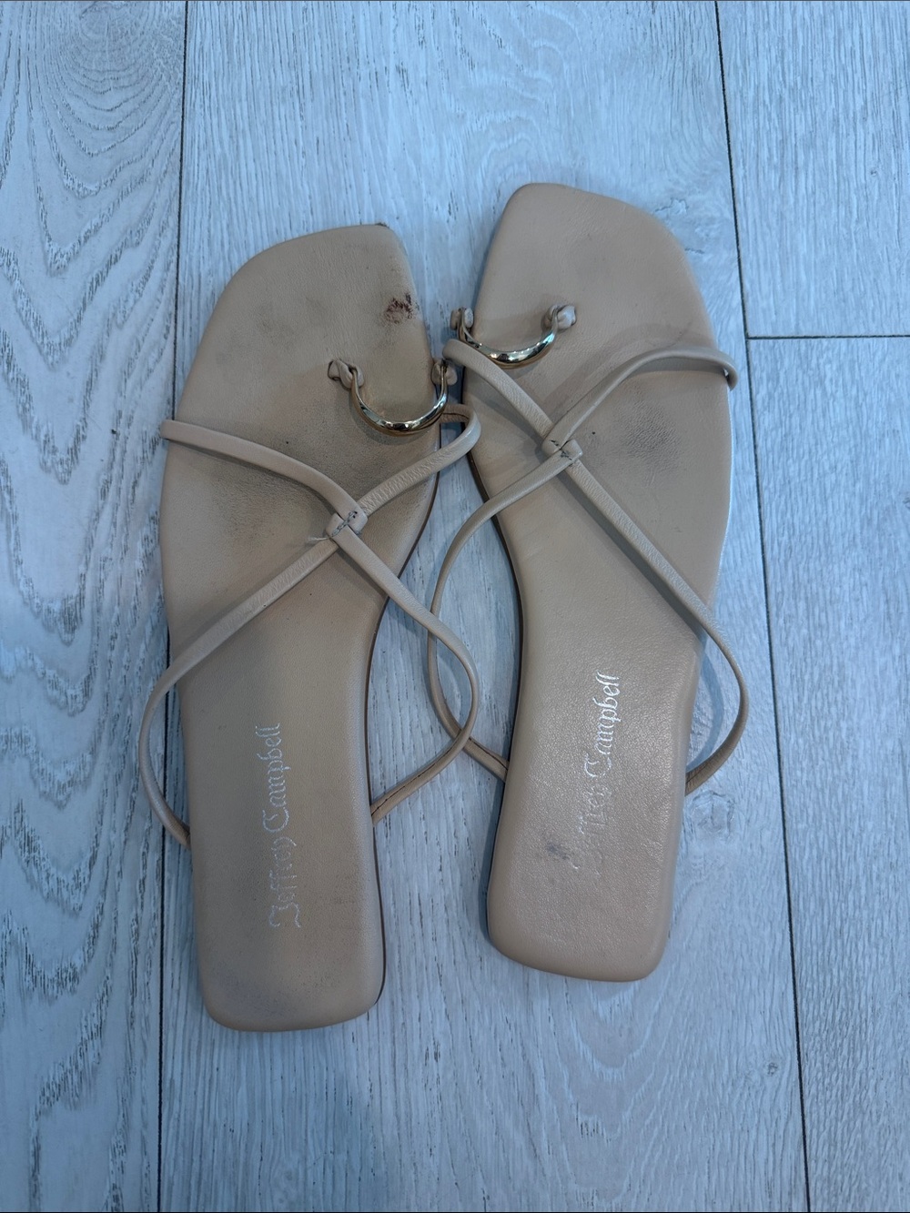 Jeffrey Campbell Nude Beige Strappy Flat Sandals with Gold Ring